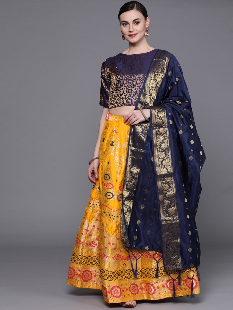 

Chhabra 555 Mustard Yellow & Navy Semi-Stitched Lehenga & Unstitched Blouse with Dupatta