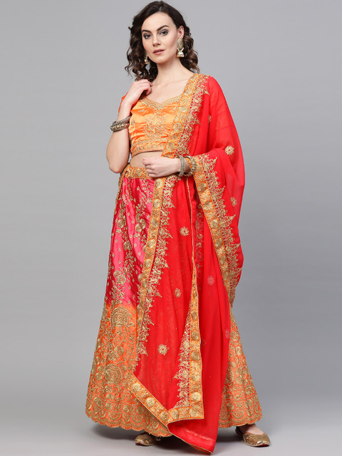 

Chhabra 555 Women Pink & Orange Zari Embroidered Semi-Stitched Lehenga Choli With Dupatta