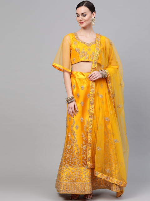 

Chhabra 555 Mustard Yellow & Golden Jaal Kasab Zari Embroidered Semi-Stitched Lehenga Set