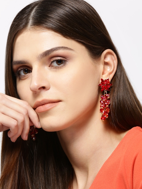 

YouBella Red & Gold-Toned Stone-Studded & Beaded Floral Drop Earrings