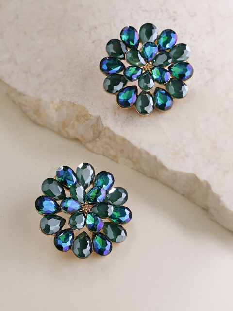 

YouBella Green & Blue Stone-Studded Floral Drop Earrings