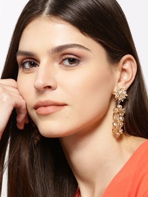 

YouBella Beige & Gold-Toned Stone-Studded & Beaded Floral Drop Earrings