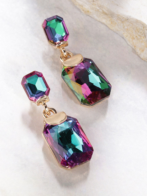 

YouBella Green & Purple Gold-Plated Stone-Studded Geometric Drop Earrings