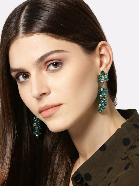 

YouBella Green & Gold-Toned Contemporary Stone-Studded Drop Earrings