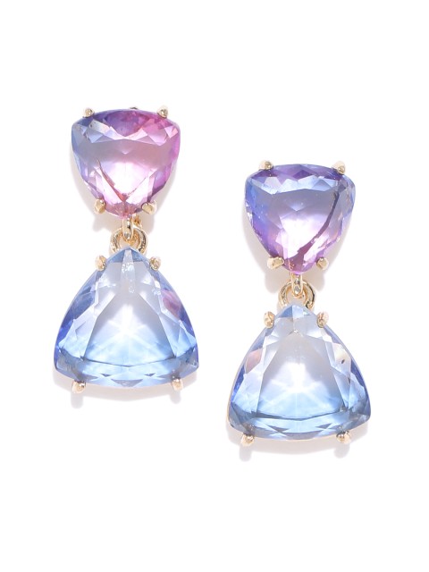 

YouBella Blue & Pink Ombre Effect Stone Studded Triangular Drop Earrings