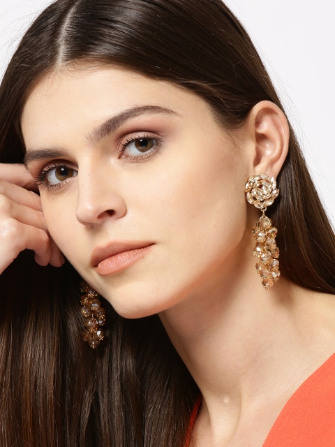

YouBella Beige & Gold-Toned Stone-Studded & Beaded Floral Drop Earrings