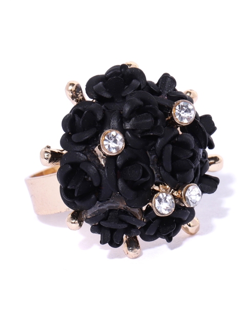 

YouBella Black Gold-Plated Stone-Studded Floral Adjustable Finger Ring