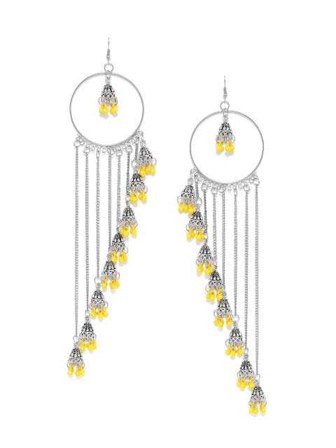 

YouBella Yellow Silver Plated Tasselled Beaded Circular Drop Earrings