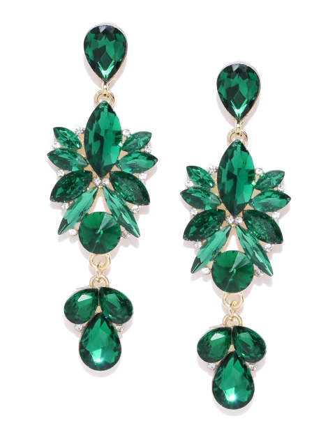 

YouBella Green & Gold-Toned Contemporary Stone-Studded Drop Earrings