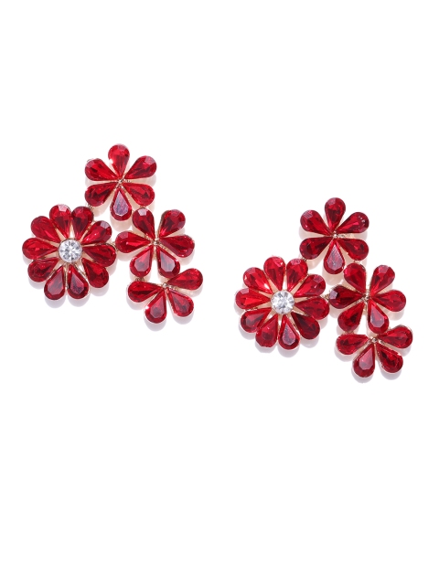 

YouBella Red & Gold-Toned Stone-Studded Floral Drop Earrings