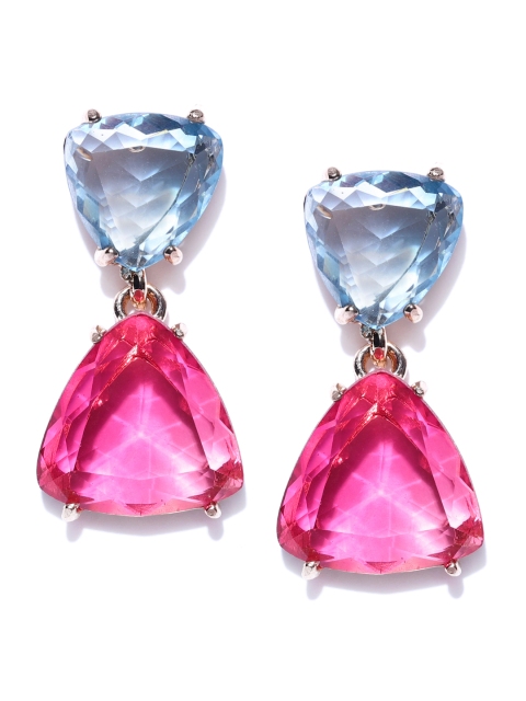 

YouBella Blue & Pink Stone-Studded Triangular Drop Earrings