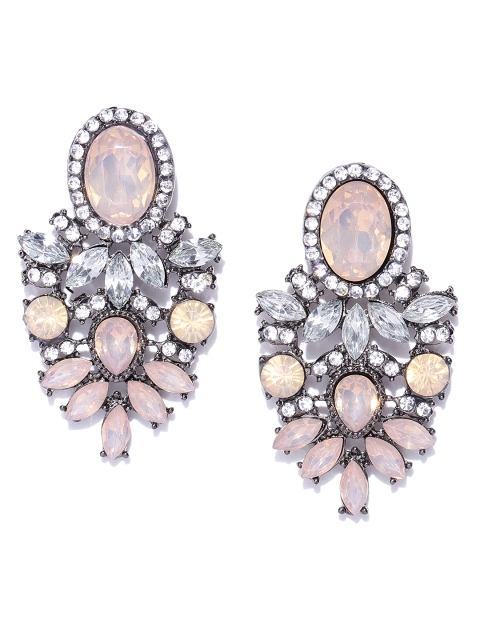 

YouBella Gunmetal-Toned & Beige Stone Studded Contemporary Drop Earrings, Metallic