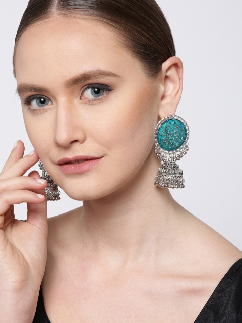 

YouBella Blue & Silver-Plated Enamelled Dome-Shaped Jhumkas