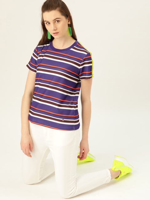 

United Colors of Benetton Women Purple & White Striped Round Neck T-shirt