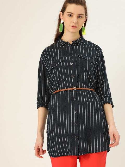 

United Colors of Benetton Women Navy Blue & Grey Melange Regular Fit Striped Casual Shirt