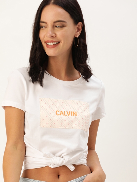 

Calvin Klein Jeans Women White Printed Round Neck T-shirt With Applique