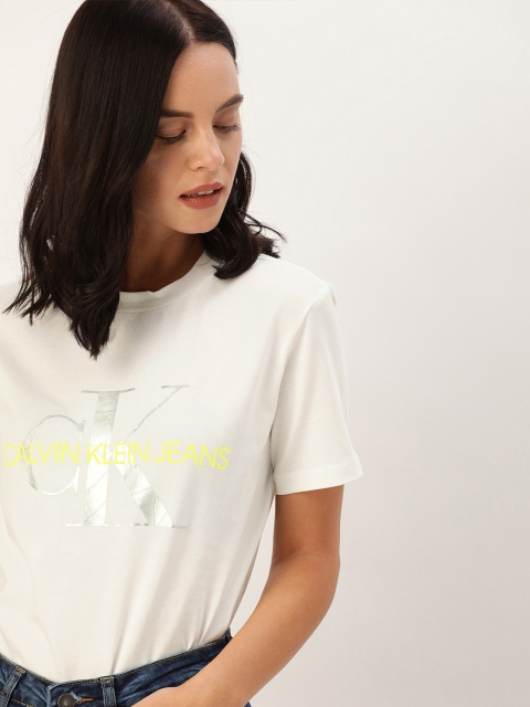 

Calvin Klein Jeans Women White Printed Round Neck Pure Cotton T-shirt