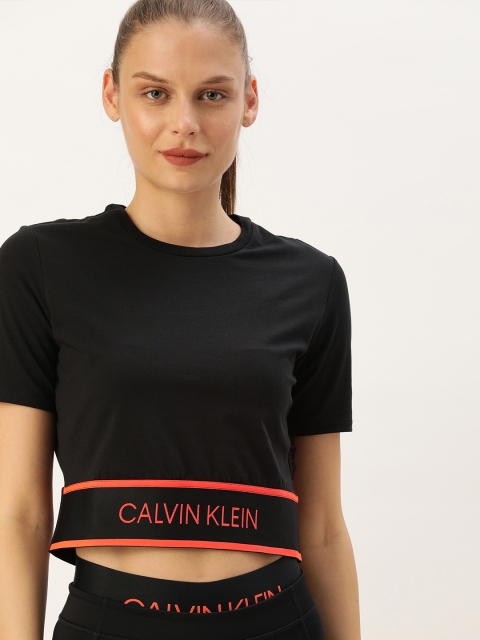 

Calvin Klein Jeans Women Black Solid Crop Top with Printed Waist Band