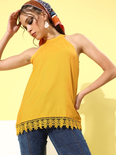 

HERE&NOW Women Yellow Solid Top With Lace Detail