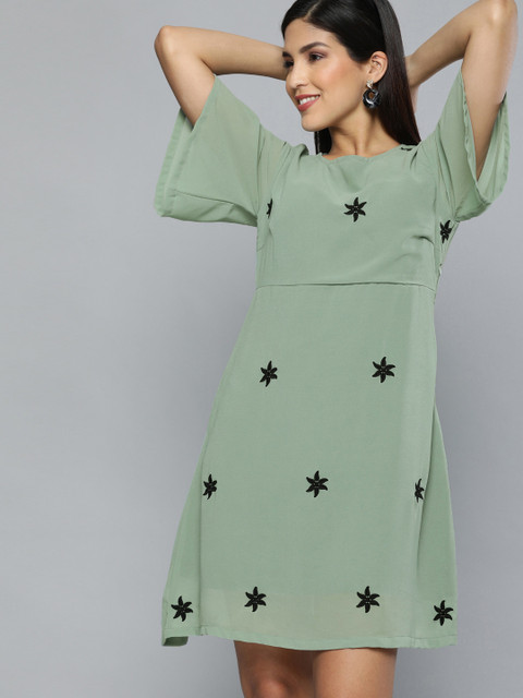 

HERE&NOW Women Olive Green Embroidered A-Line Dress