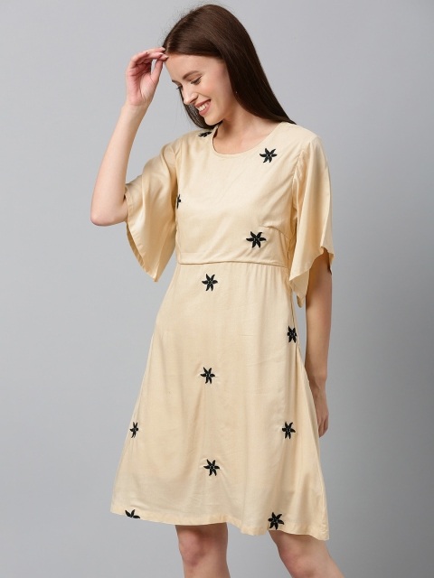 

HERE&NOW Women Beige Floral Embroidered Flared Sleeve A-Line Dress