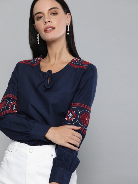 

HERE&NOW Women Navy Blue Solid Pure Cotton Top With Embroidered Detail