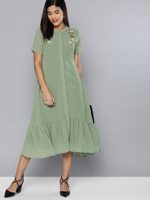 

HERE&NOW Women Green Solid A-Line Dress With Flared Hem