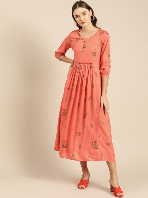 

IMARA Women Coral Orange & Black Bird Print A-Line Dress