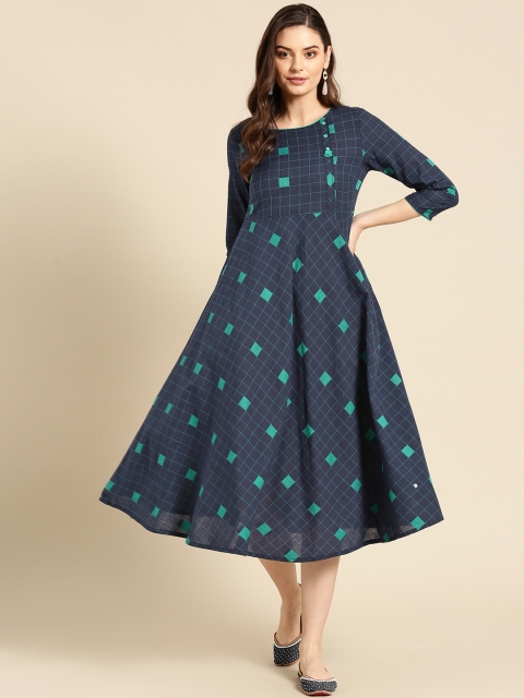 

IMARA Women Navy Blue & Green Self-Checked A-Line Dress