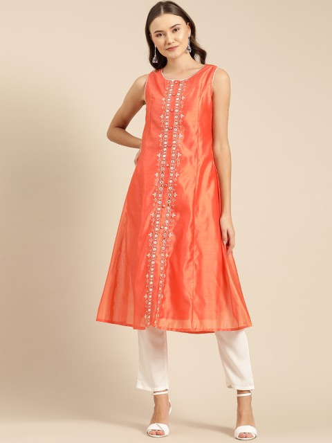 

IMARA Women Orange & White Embroidered Kurta with Trousers