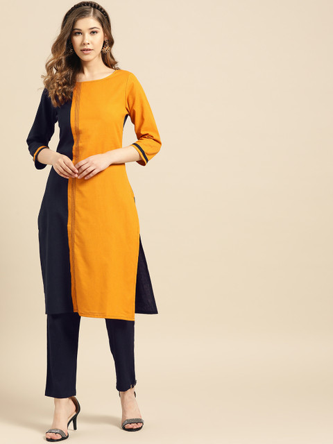 

IMARA Women Mustard Yellow & Navy Blue Colourblocked Kurta with Trousers
