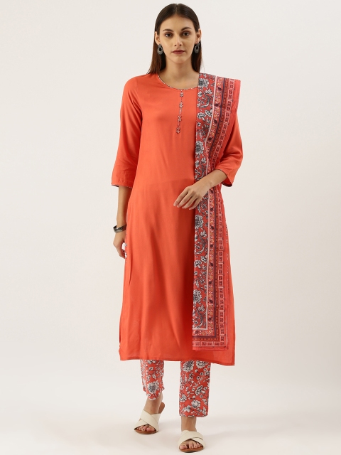 

IMARA Women Coral Orange & White Solid Kurta with Pyjamas & Dupatta