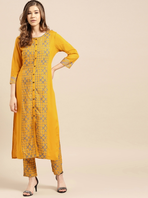 

IMARA Women Mustard Yellow & Navy Blue Tana Bana Print Kurta with Trousers