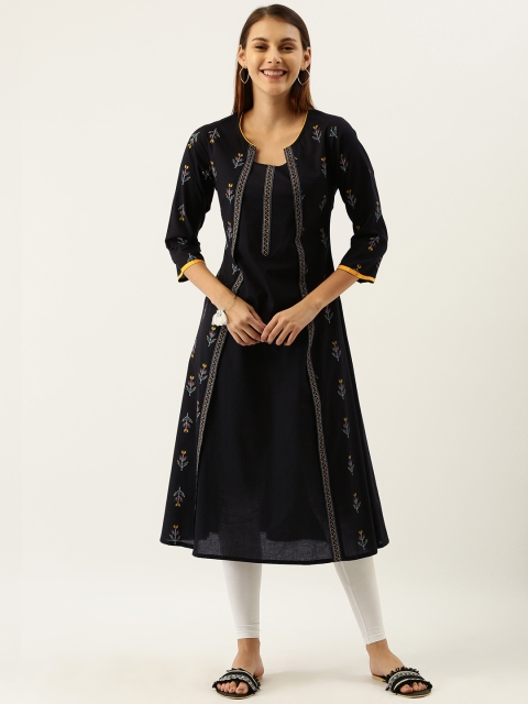 

IMARA Women Black & White Embroidered A-Line Layered Kurta