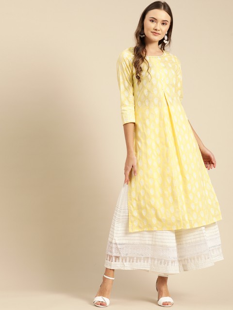 

IMARA Women Yellow & White Printed Straight Kurta