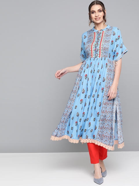 

HERE&NOW Women Blue & Green Printed A-Line Kurta