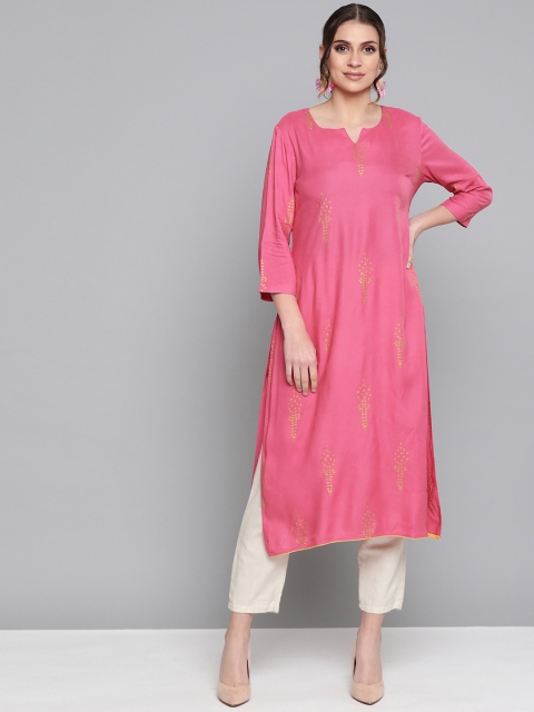 

HERE&NOW Women Pink & Golden Printed Straight Kurta