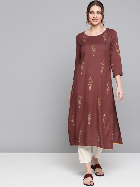 

HERE&NOW Women Brown & Golden Printed Straight Kurta
