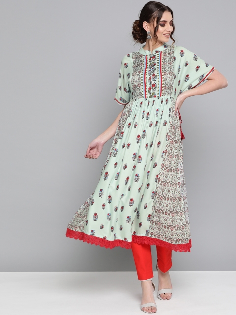 

HERE&NOW Women Sea Green & Red Printed A-Line Kurta