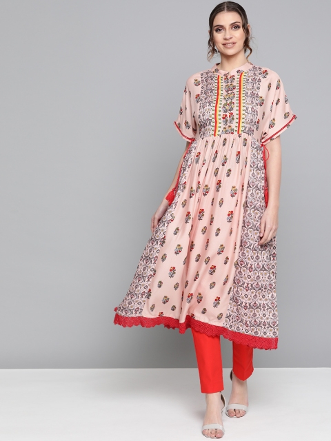 

HERE&NOW Women Peach Coloured & Olive Green Printed A-Line Kurta