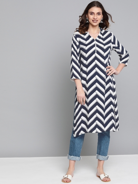 

HERE&NOW Women Navy Blue & White Printed Straight Kurta