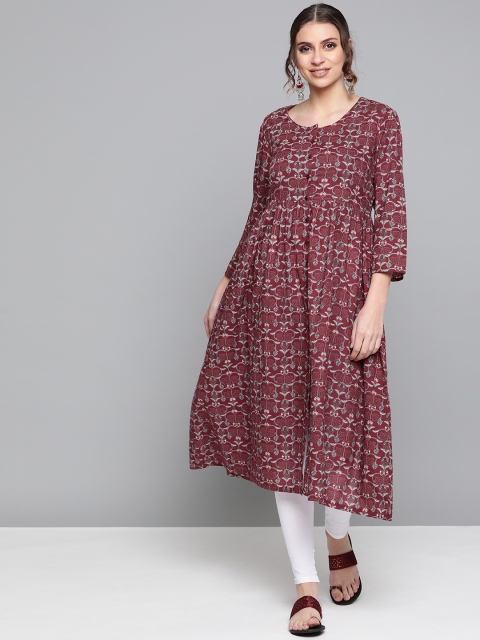 

HERE&NOW Women Maroon & Grey Printed A-Line Kurta