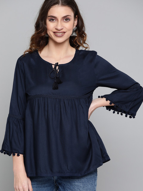 

HERE&NOW Women Navy Blue Solid A-Line Top