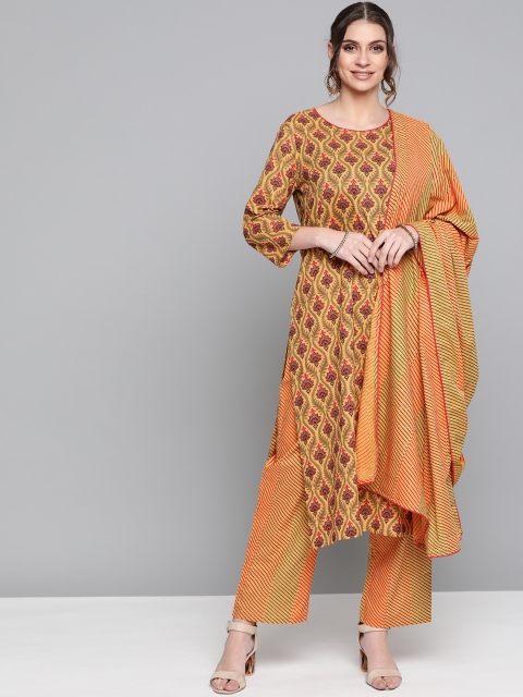 

HERE&NOW Women Mustard Yellow & Green Printed Kurta with Palazzos & Dupatta