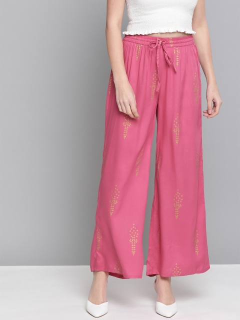 

HERE&NOW Women Pink & Golden Printed Flared Palazzos