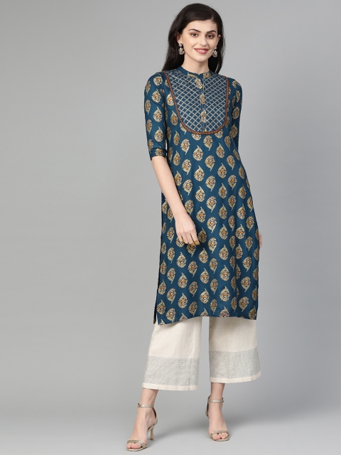 

Anubhutee Women Teal Blue & Golden Foil Print Straight Kurta
