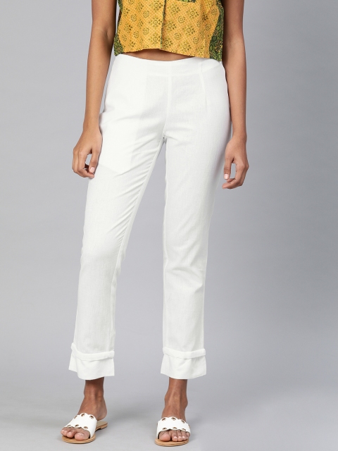 

Divena Women White Straight Fit Solid Regular Khadi Trousers