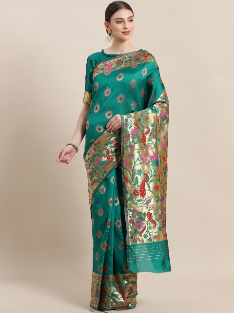 

Saree mall Green & Golden Silk Blend Woven Design Banarasi Saree