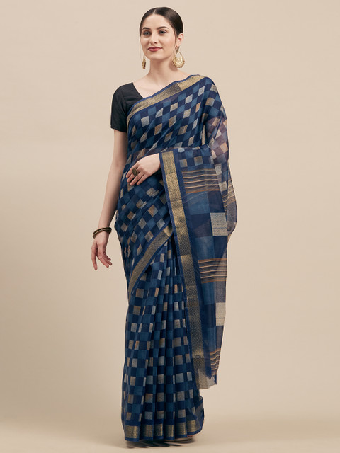 

Vaamsi Navy Blue & Beige Linen Blend Printed Saree