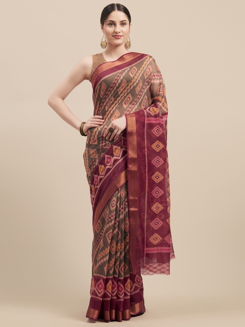 

Vaamsi Taupe & Pink Linen Blend Printed Saree